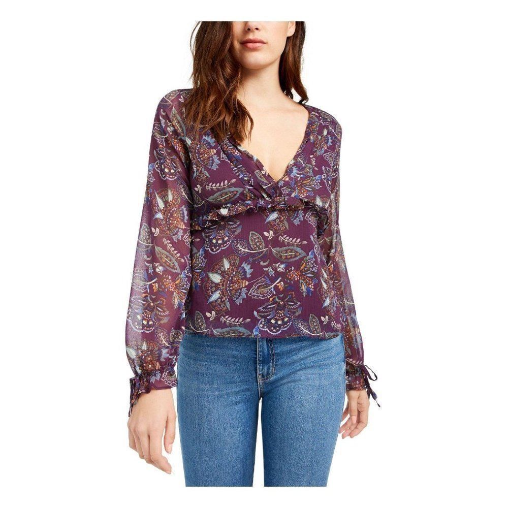 Q+A Los Angeles Womens Purple Floral Long Sleeve V Neck Blouse Top